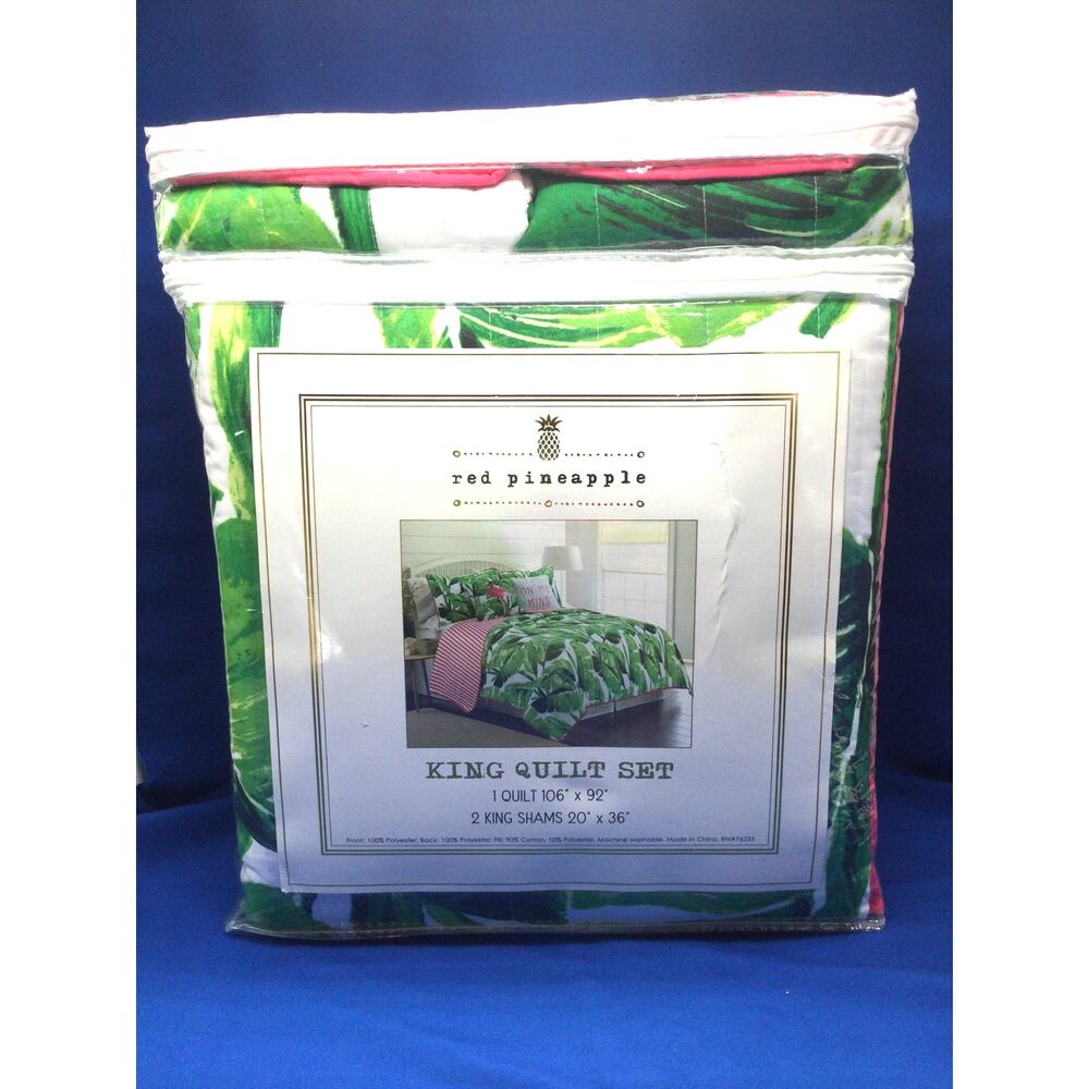 NIB Red Pineapple King Quilt Set Nosara Leaf and Pink King Quilt